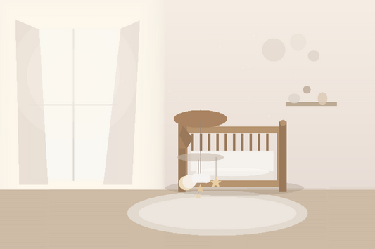 Soft modern nursery with a moon and star baby mobile hanging high above a bare crib in gentle daylight