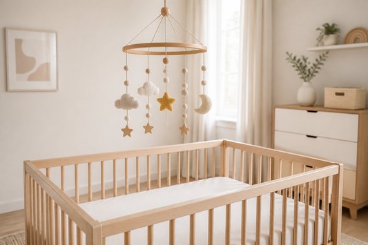 Soft modern nursery with a pale wood crib and a felt-and-wood baby mobile hanging safely high above a bare mattress in gentle daylight