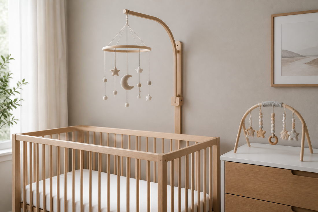 Soft modern nursery with a bare crib, a baby mobile mounted high and out of reach, and a supervised play alternative on a nearby dresser