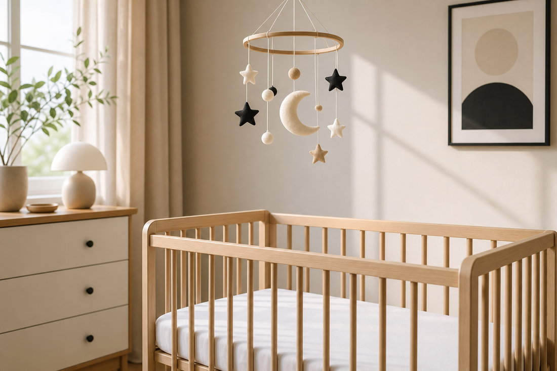 Soft modern nursery with a moon and star baby mobile hanging high above a bare crib in gentle morning light