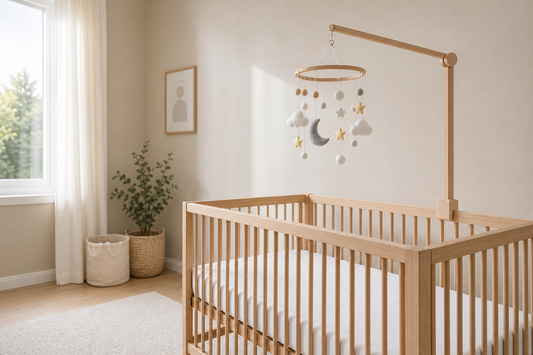 Secure crib-side baby mobile mounted high above a bare crib in a soft modern nursery