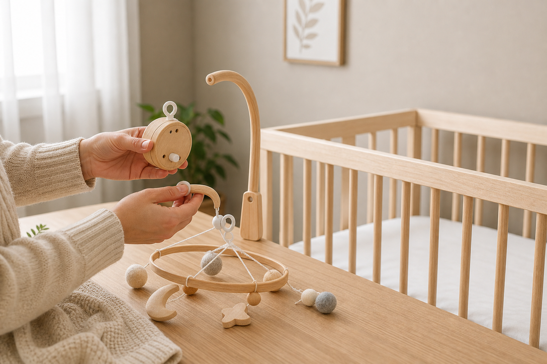 Parent hands checking a baby mobile music box and hanger beside a bare crib in a soft modern nursery