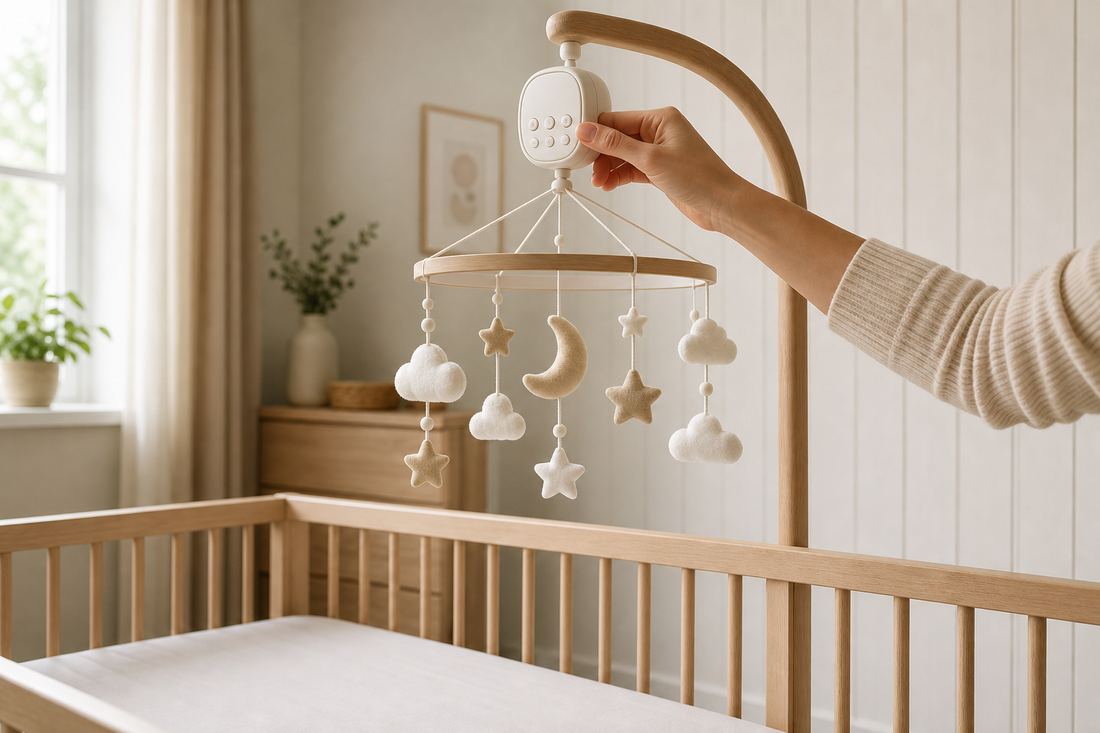 Parent hand checking a musical baby mobile control box beside a bare crib in a soft modern nursery