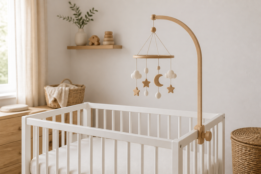 Scandinavian nursery with a bare white crib, pale wood baby mobile hanger, and simple neutral wooden baby mobile in soft daylight