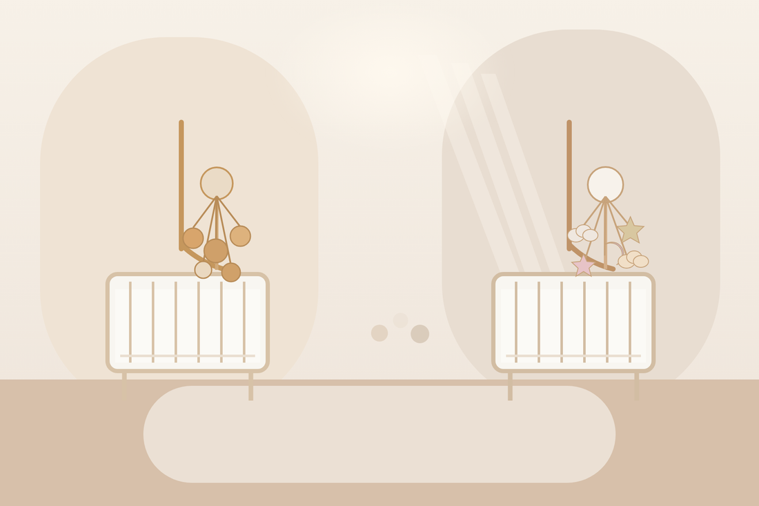 Soft modern nursery comparison scene with a pale wooden baby mobile and a felt stars-and-clouds mobile hanging safely high above two bare crib setups in gentle morning light