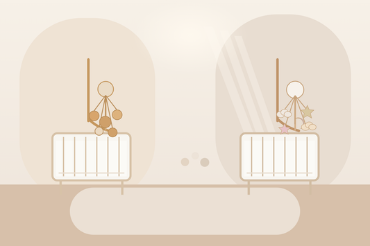 Soft modern nursery comparison scene with a pale wooden baby mobile and a felt stars-and-clouds mobile hanging safely high above two bare crib setups in gentle morning light