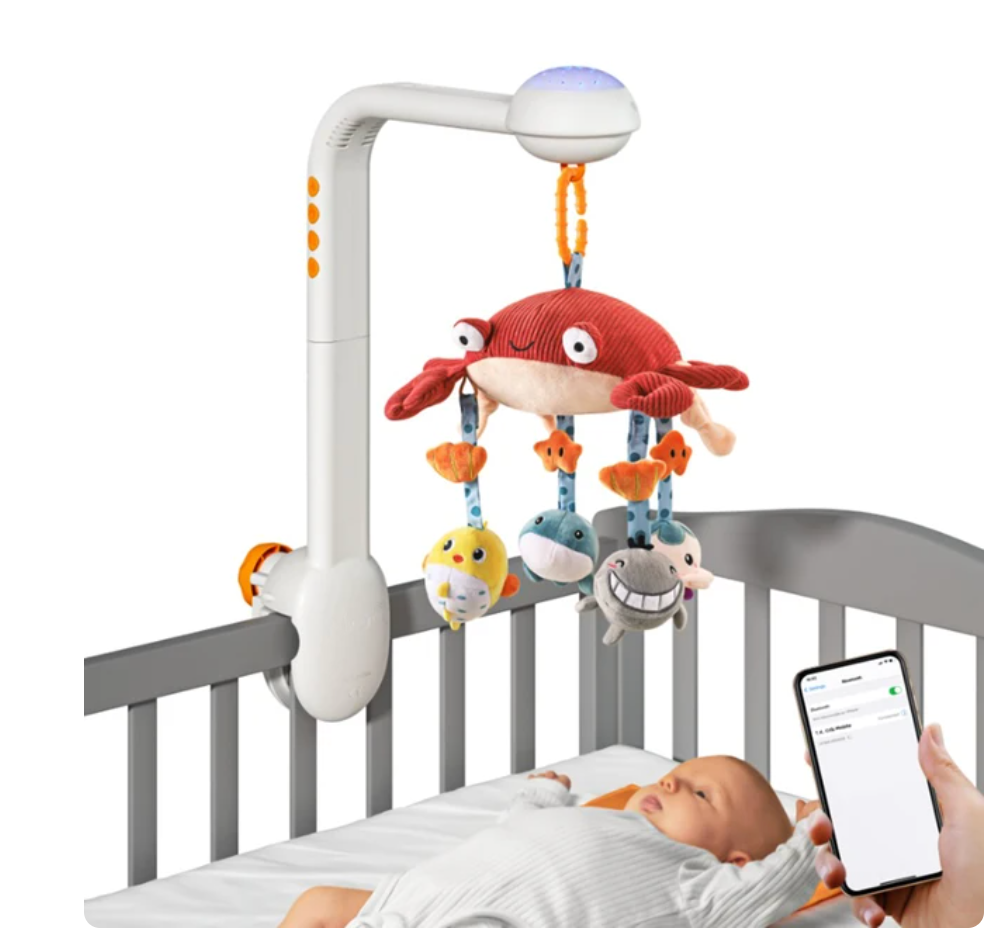 360° Rotating Baby Crib Mobile with Projection Night Light, Soothing Music, White Noise, and Hanging Rattle Toys