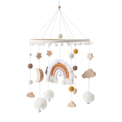 Rainbow Clouds Hanging Bed Bell, Wooden Baby Cot Mobile for 0-12 Months.
