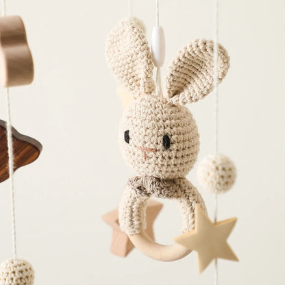 Baby Wooden Crib Mobile with Cartoon Rabbit Bells – Hanging Rattles Toy Holder and Arm Bracket, Perfect Gift for Kids