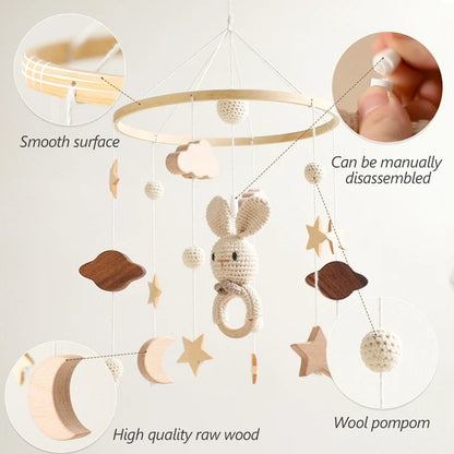 Baby Wooden Crib Mobile with Cartoon Rabbit Bells – Hanging Rattles Toy Holder and Arm Bracket, Perfect Gift for Kids