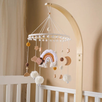 Rainbow Clouds Hanging Bed Bell, Wooden Baby Cot Mobile for 0-12 Months.
