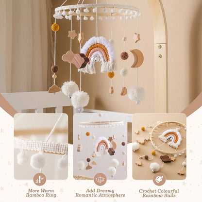 Rainbow Clouds Hanging Bed Bell, Wooden Baby Cot Mobile for 0-12 Months.