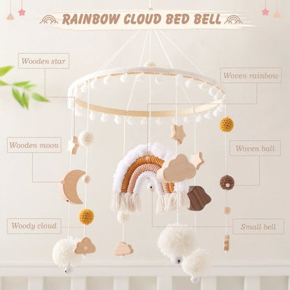Rainbow Clouds Hanging Bed Bell, Wooden Baby Cot Mobile for 0-12 Months.